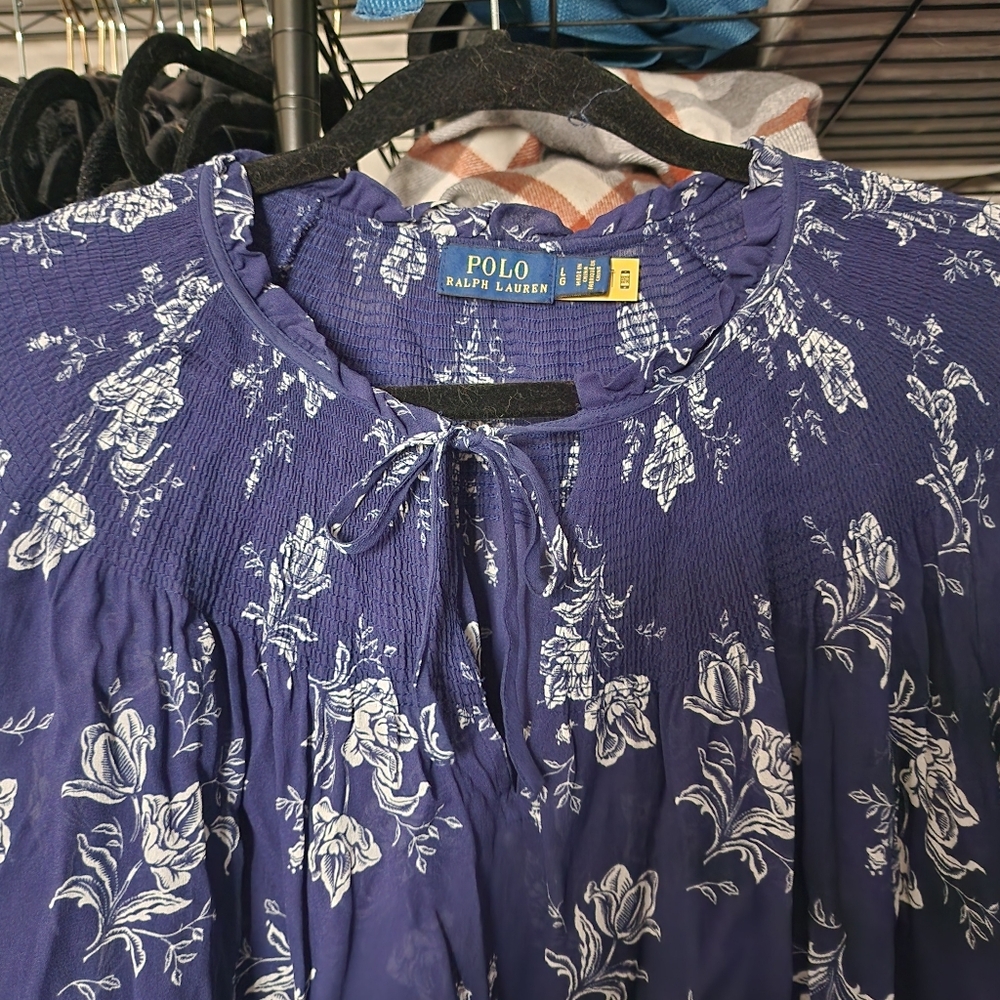 Polo Ralph Lauren Floral Crinkled Tie Neck Blouse, Blue Large - Picture 3 of 6